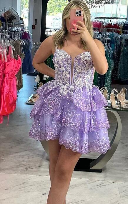 Lavender Straps Lace Sequins A-Line Short Homecoming Dress Birthday Outfits, DP3128