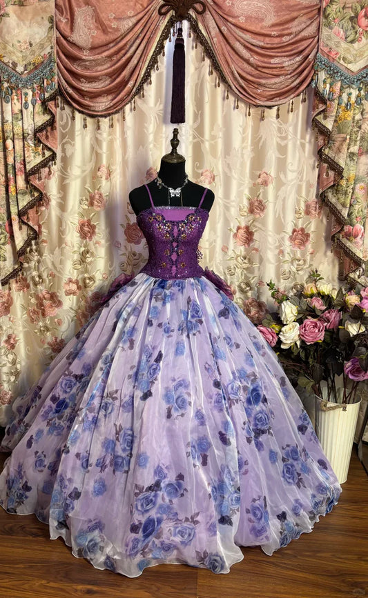 Gorgeous Lilac Floral Spaghetti Strap Chiffon Sweet 16 Quinceanera A-Line Evening Dress Ball Gown DP6285