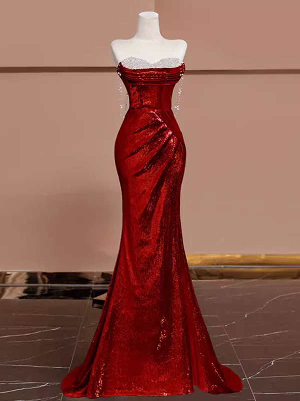 Charming Red Strapless Sequins Mermaid Long Evening Party Dress DP3873