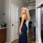 Navy Sweetheart Satin Formal Long Party Dress with Slit, DP2703