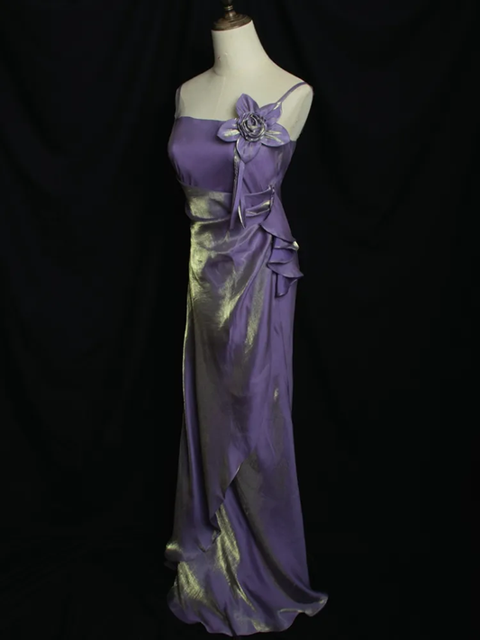 Purple Straps Vintage Floral Elegant Evening Gown Long Party Dress, DP3145