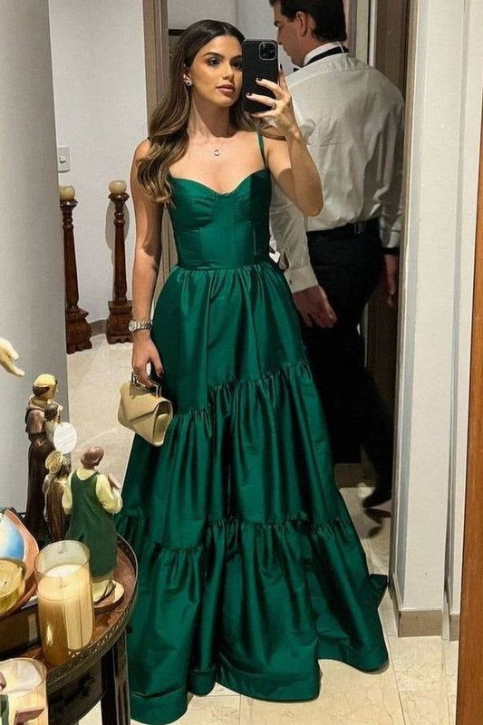 Spaghetti Straps A-Line Green Long Satin Dress Evening Gown, DP3512