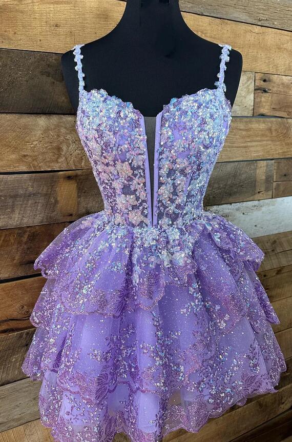 Lavender Straps Lace Sequins A-Line Short Homecoming Dress Birthday Outfits, DP3128