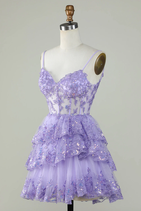 Lavender A-Line Straps Layers Tulle Cute Homecoming Dress, DP2967