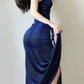 Shiny Navy Blue Spaghetti Straps Mermaid Long Party Dress Evening Gown, DP5371