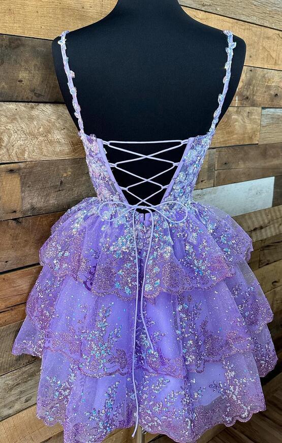 Lavender Straps Lace Sequins A-Line Short Homecoming Dress Birthday Outfits, DP3128