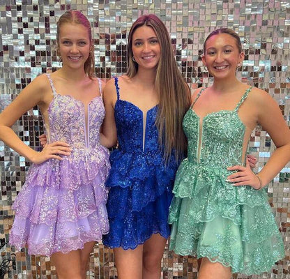 Lavender Straps Lace Sequins A-Line Short Homecoming Dress Birthday Outfits, DP3128