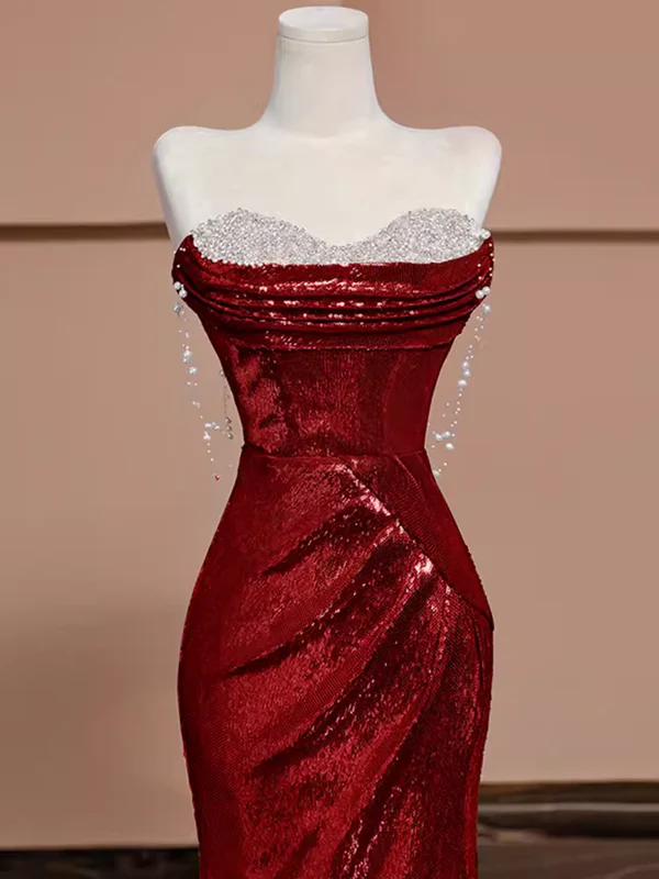 Charming Red Strapless Sequins Mermaid Long Evening Party Dress DP3873