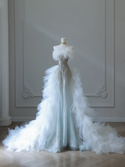 Light Blue Strapless Mermaid Beading Birthday Outfits Wedding Dress Evening Gown, DP5143