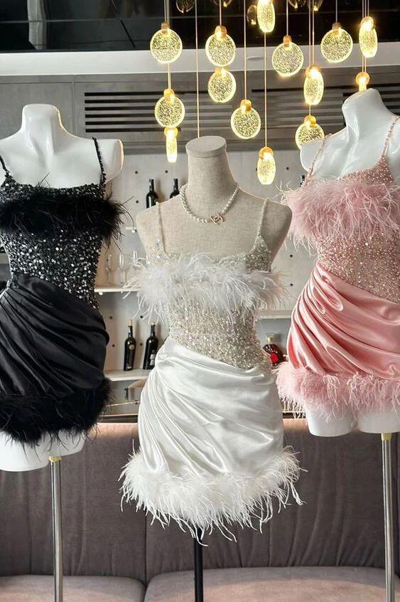 Stunning White Beading Feathers Homecoming Dress Birthday Outfits, DP3046