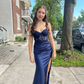 Navy Blue Spaghetti Straps Appliques Satin Long Prom Dress DP3882