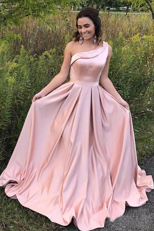 Pink Elegant A-Line One Shoulder Long Prom Dresses Simple Prom Dresses,DP0196