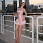 Pink Halter Lace Mini Party Dress Hoco Dress Birthday Outfits, DP3100