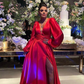 Elegant Red V Neck Satin Gowns Evening,Long Sleeve Split Formal Dresses, DP3309