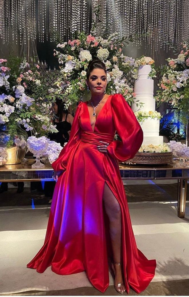 Elegant Red V Neck Satin Gowns Evening,Long Sleeve Split Formal Dresses, DP3309