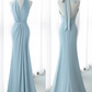 Light Blue V Neck Halter Open Back Elegant Mermaid Long Prom Dress, DP3501