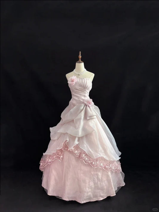 Elegant Light Pink Strapless Chiffon Sweet 16 Quinceanera A-Line Ruffles Evening Dress Ball Gown DP6296
