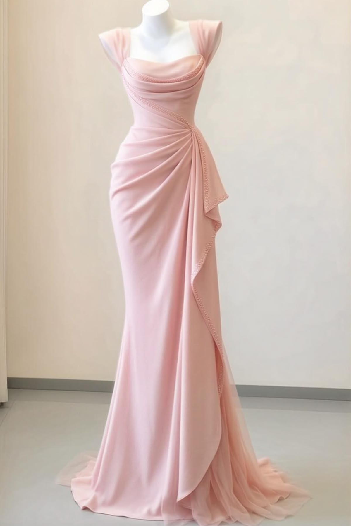 Vintage Pink Ruched Mermaid Ruffle Cap Sleeve Evening Gown DP8715