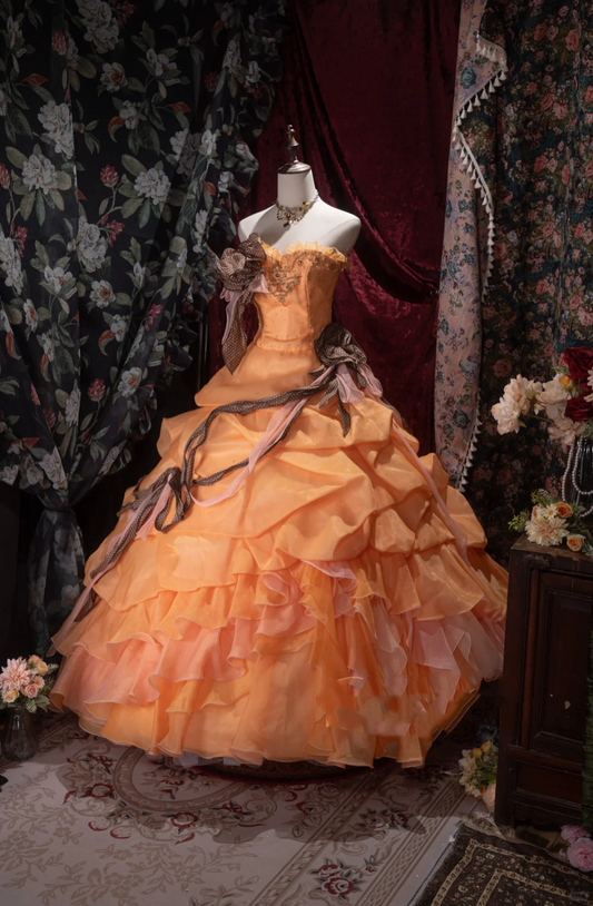 Glamorous Orange Off-the-Shoulder Beaded Ruffled Tulle Ball Gown DP8350