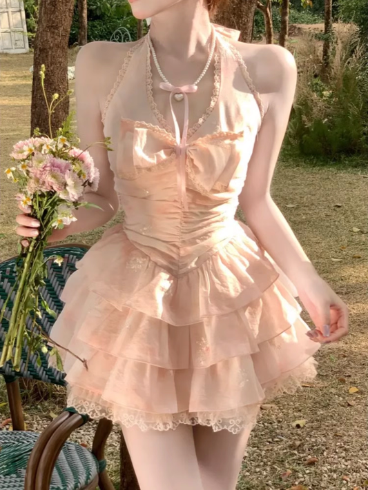 Vintage Pink A-Line Halter-neck Tiered Homecoming Dress Party Dress Cocktail Dress DP6708