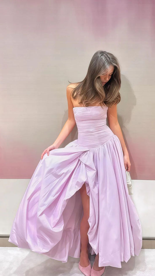 Elegant Lavender Strapless Ruched High Slit A-Line Evening Gown DP8718