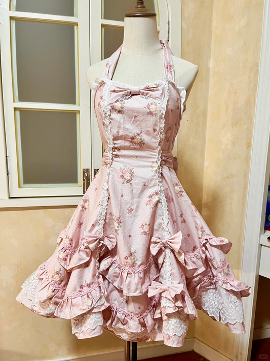 Vintage Pink Floral Halter Dress Design A-Line Elegant Tiered Homecoming Dress Birthday Dress Party Dress DP6192