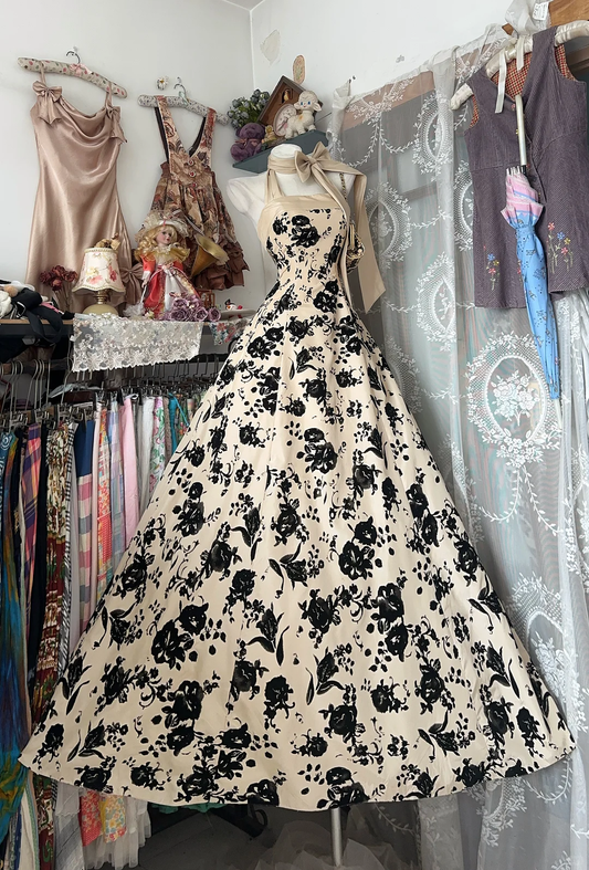 Vintage Floral Halter-Neck A-Line Evening Gown Bow Detail Prom Dress DP8332