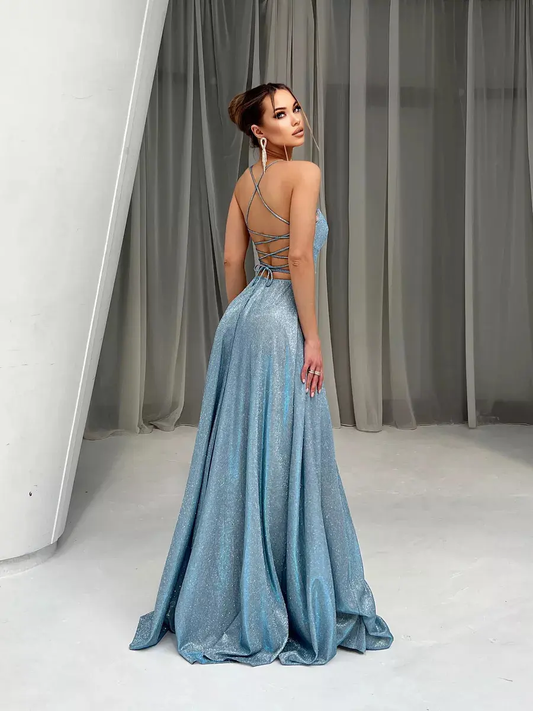 Elegant Glitter Spaghetti Strap A-Line Evening Dress DP8148
