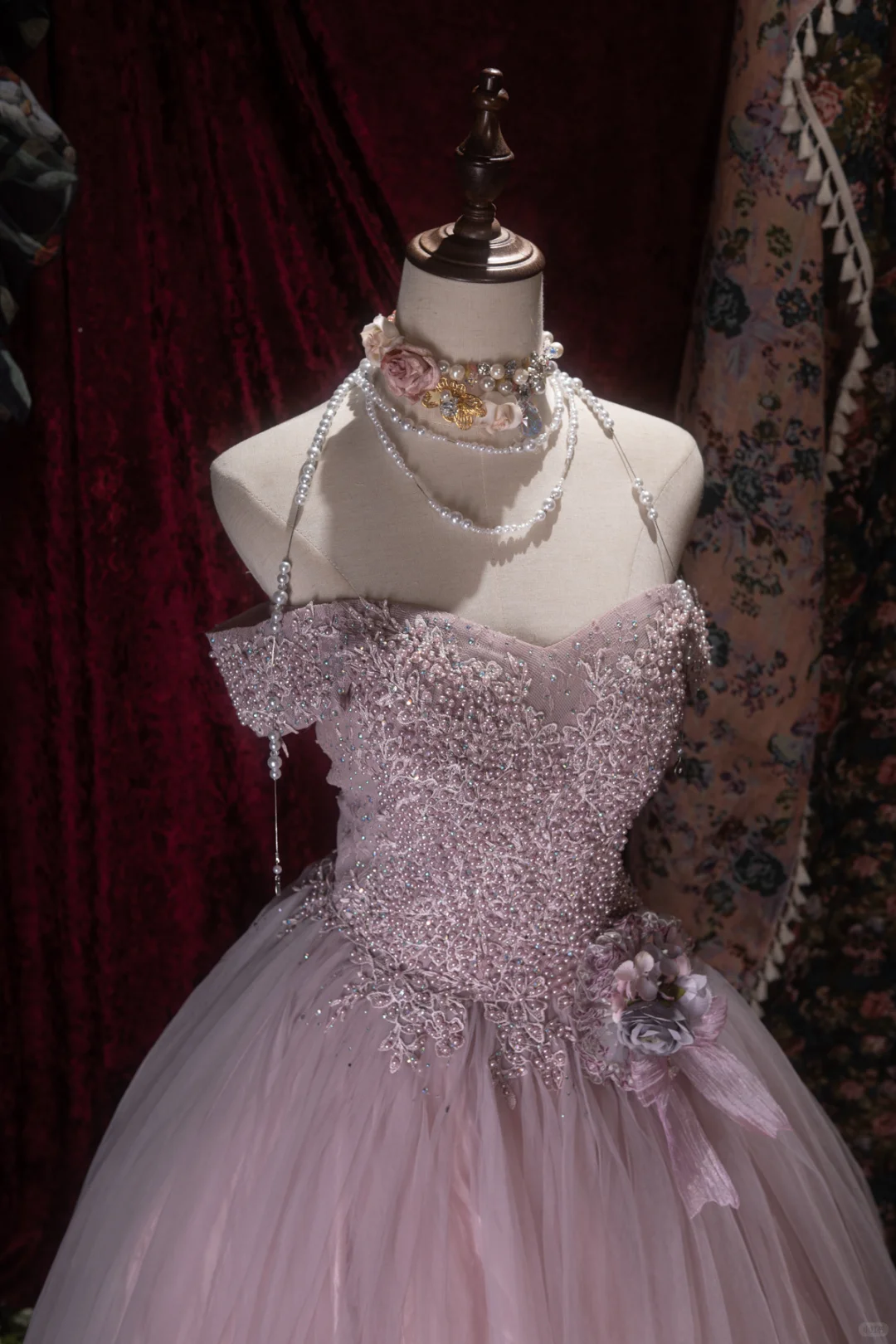 Pink Off-the-Shoulder Beaded Tulle Prom Dress Floral Quinceanera Ball Gown DP8349