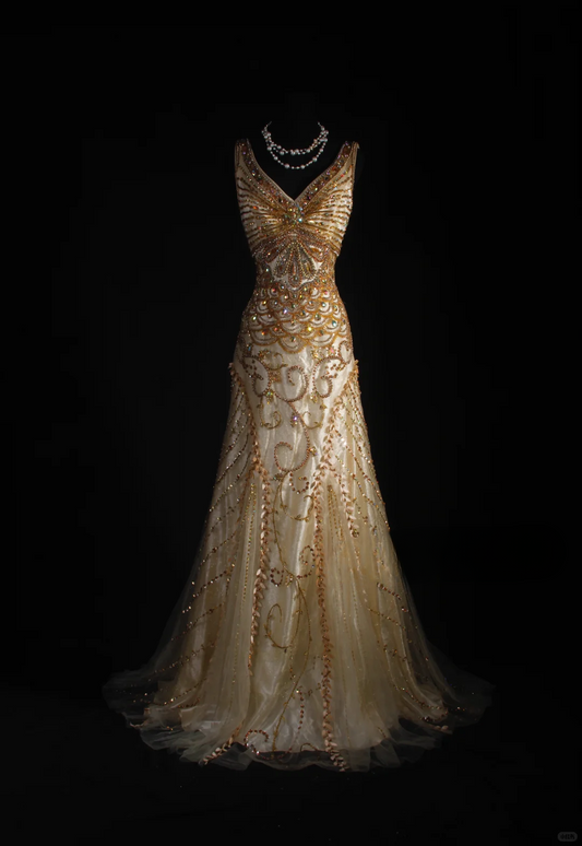 Vintage Champagne Gold Mermaid Beaded V-Neck Sheath Sleeveless Evening Gown DP7381