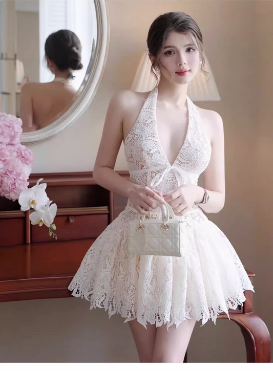 Vintage White V-neck Halter Dress Design A-line Lace Party Dress Homecoming Dress, DP5840