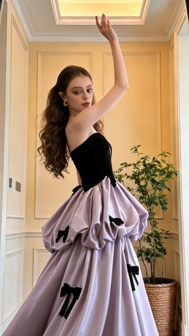 Romantic Lavender & Black Strapless Sweetheart Bow Sweet 15 Quinceanera Ball Gown DP8011