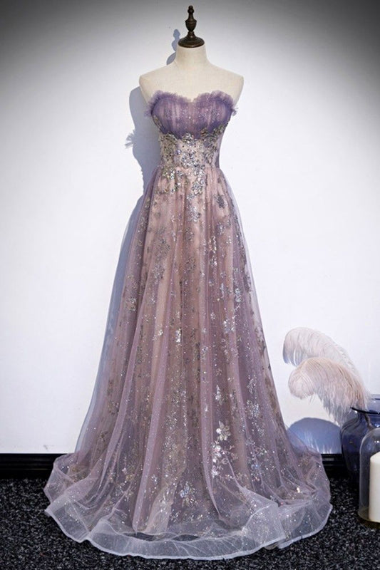 Lavender Strapless Sweetheart Tulle Prom Dress Silver Glitter Embroidery Evening Gown DP8277