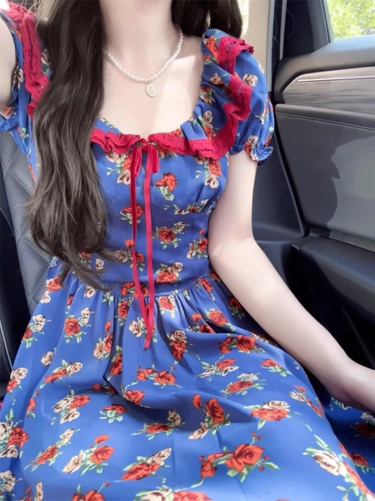 Vintage Navy Blue A-Line Prom Dress Floral Short-sleeve Evening Dress Long Formal Dress DP6705