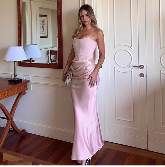 Elegant Blush Pink Satin Strapless Mermaid Prom Dress Draped Ruched Evening Gown DP8037