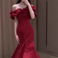 Elegant Burgundy Off-Shoulder Ruffled Neckline Mermaid Dramatic Bow  Evening Gown DP7216