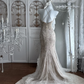Glamorous Champagne Lace Mermaid Wedding Dress Spaghetti Strap Beaded Evening Gown DP8132