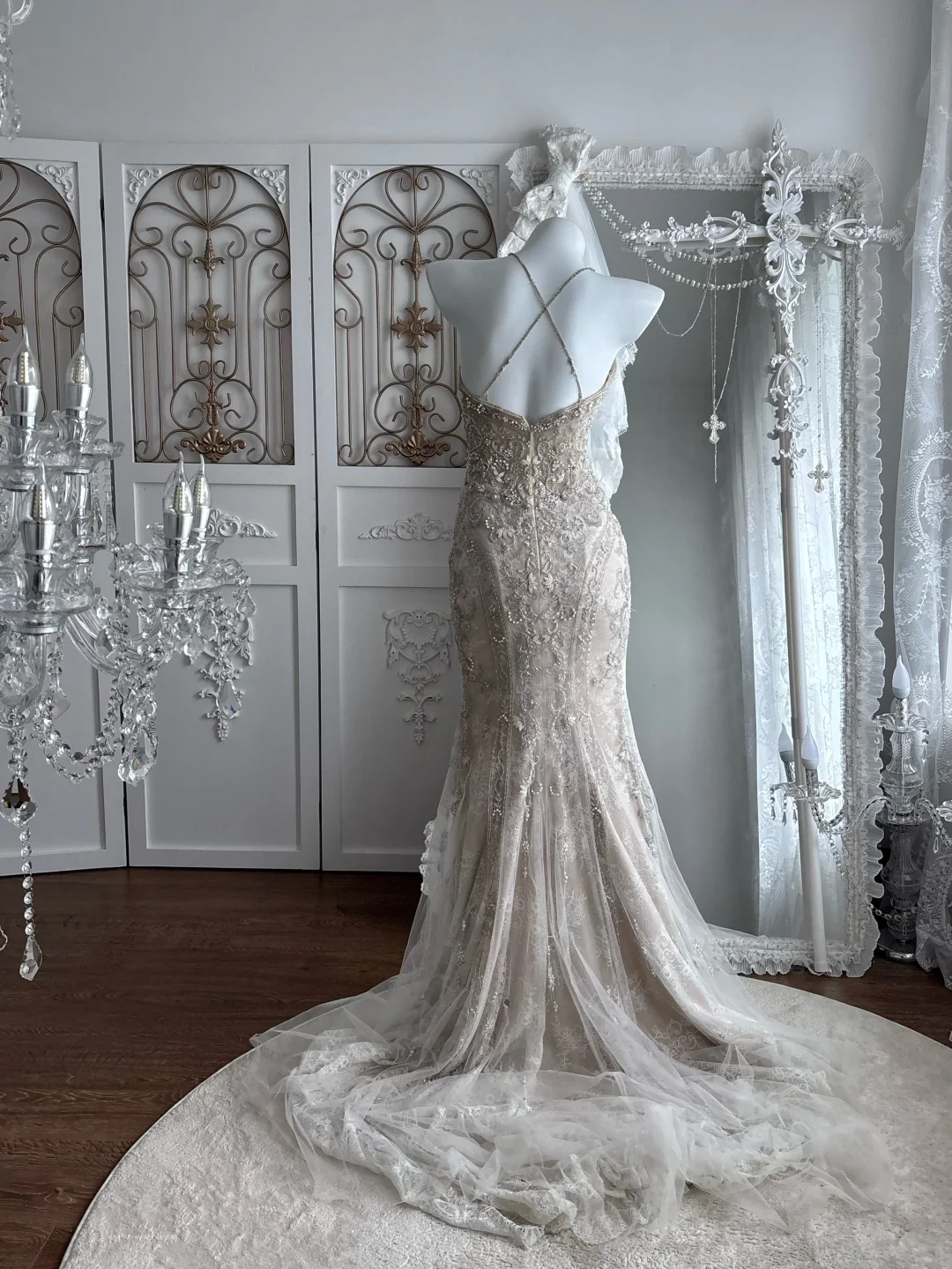 Glamorous Champagne Lace Mermaid Wedding Dress Spaghetti Strap Beaded Evening Gown DP8132