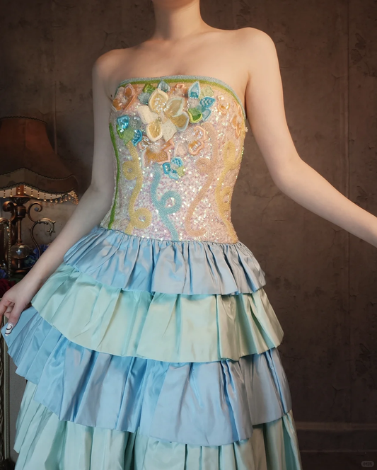 Retro Colorful Strapless Floral Design A-line Short Tiered Homecoming Dress  DP6059