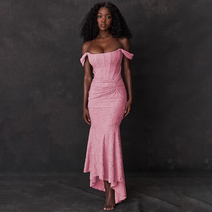 Elegant Off-the-Shoulder Lace Mermaid Prom Gown Ruched Evening Dress DP8146