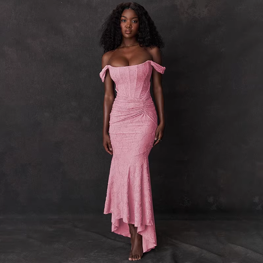 Elegant Off-the-Shoulder Lace Mermaid Prom Gown Ruched Evening Dress DP8146