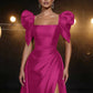 Glamorous Fuchsia Satin Square Neck Puff Sleeve Prom Dress High Slit A-Line Formal Evening Gown DP8211