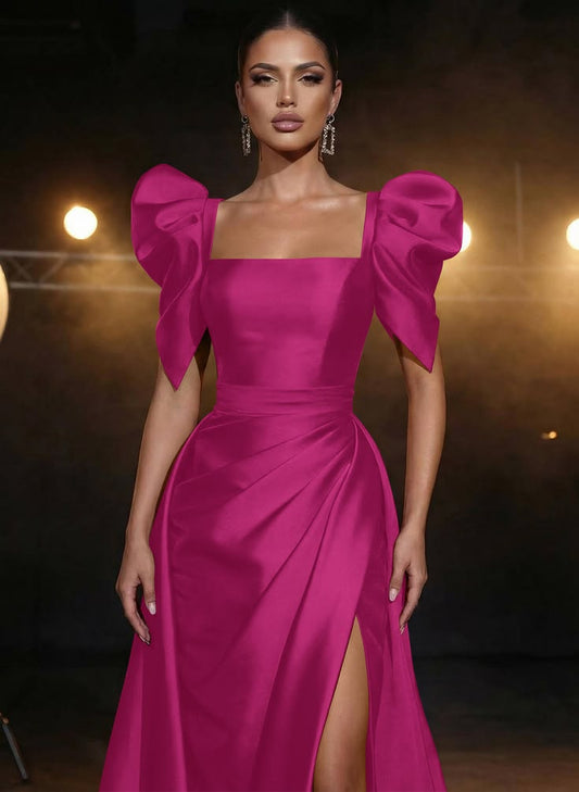 Glamorous Fuchsia Satin Square Neck Puff Sleeve Prom Dress High Slit A-Line Formal Evening Gown DP8211