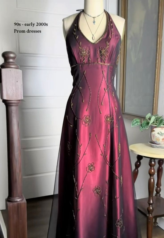 Burgundy Halter A-Line Beading 90s Vintage Long Prom Dress Evening Gown, DP4469
