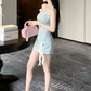 Elegant Light Blue Jacquard Spaghetti Strap 3D Floral Ruffle Homecoming Dress DP8817