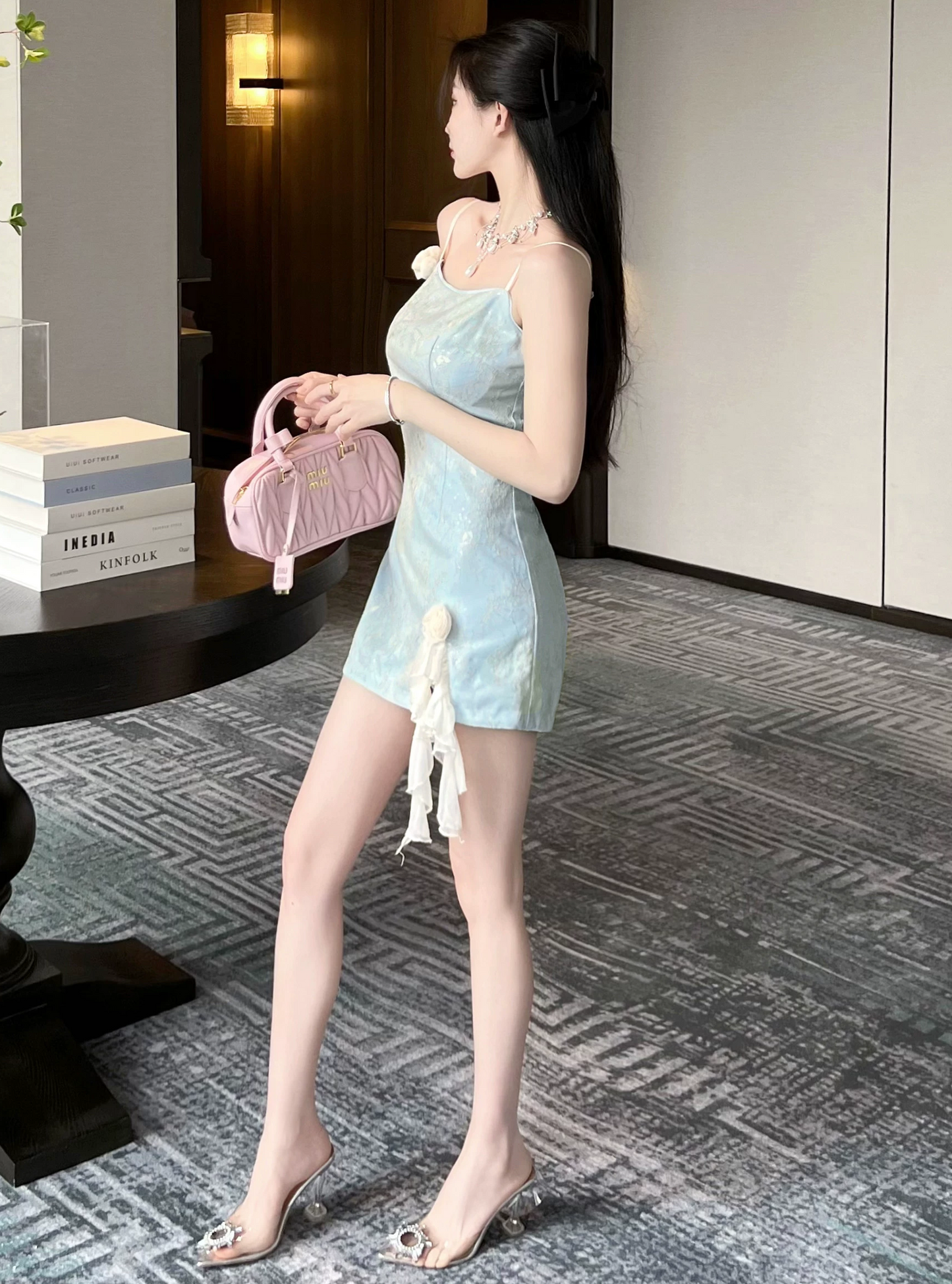 Elegant Light Blue Jacquard Spaghetti Strap 3D Floral Ruffle Homecoming Dress DP8817