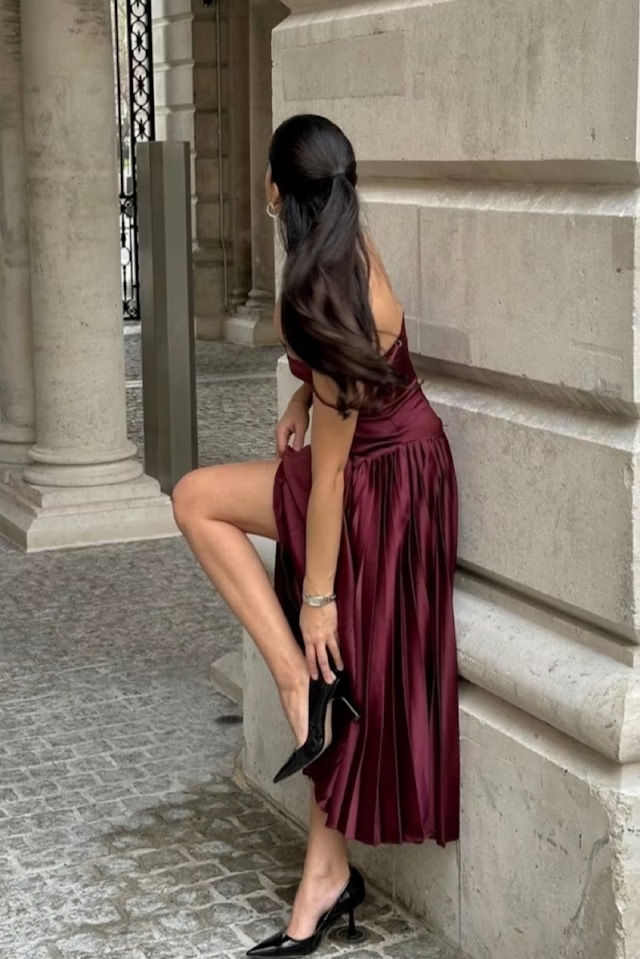 Burgundy Spaghetti Straps A-Line Long Party Dress Birthday Outfits, DP3334