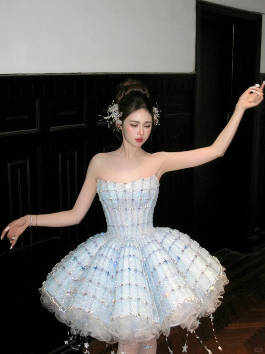Gorgeous Shiny Light Blue Sequined A-Line Strapless Design Tiered Party Dress Homecoming Dress DP6245