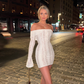 Vintage White Lace Off-the-shoulder Sheath Long-sleeved Short Summer Dresses Party Dress Homecoming Dress DP6394