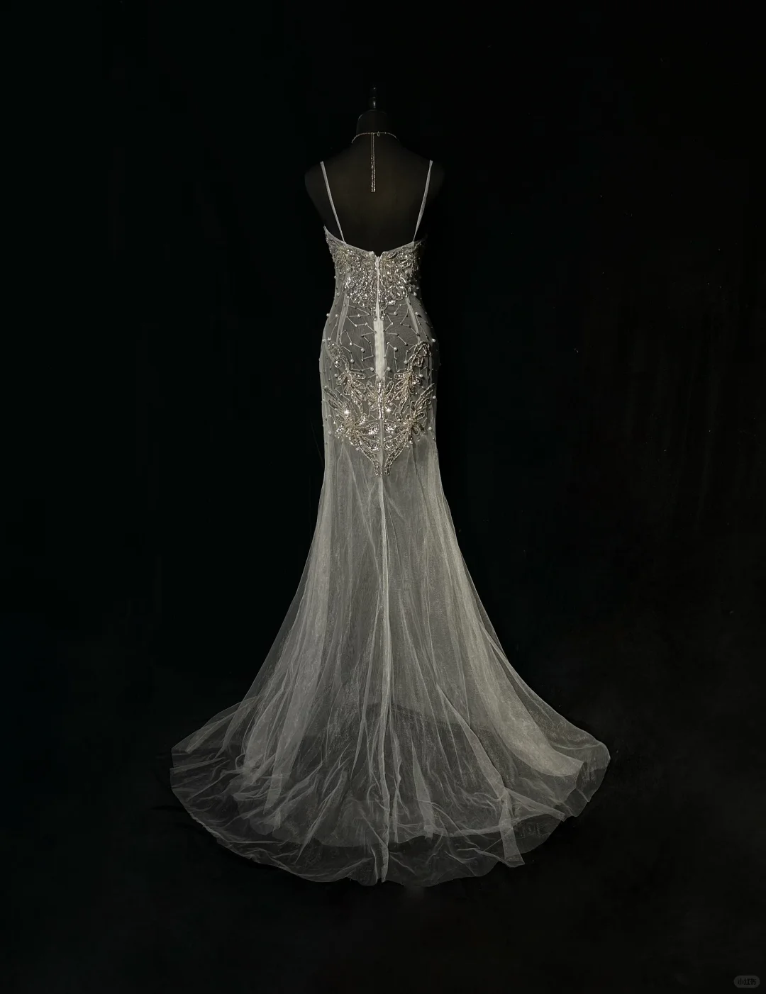 Vintage Silver Beaded Spaghetti Strap Prom Dress Romantic Mermaid Tulle Train Evening Gown DP7117